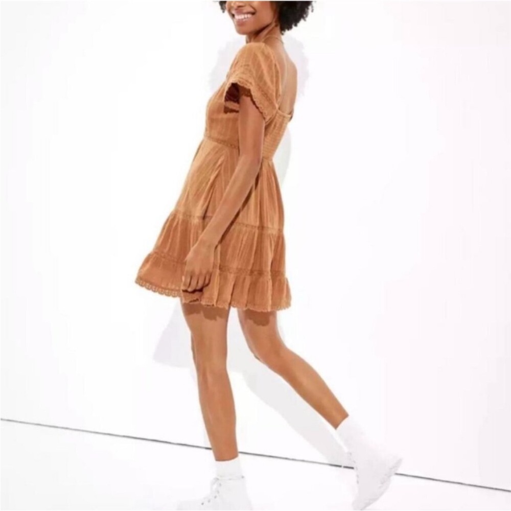 NWT American Eagle Outfitters Boho Smocked Peasant Dress in carame - Picture 3 of 4